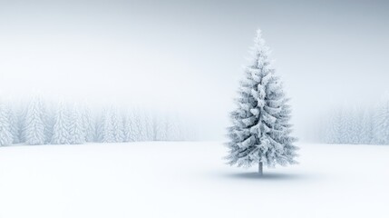 Fototapeta premium Solitary Snow-Covered Fir in a Misty Winter Wonderland