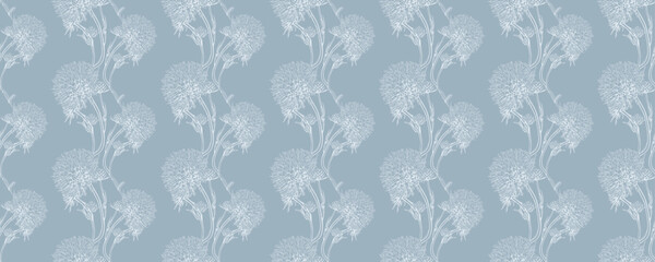 Fototapeta premium Elegant, repeating pattern of delicate, lightblue floral sprigs on a soft gray background.