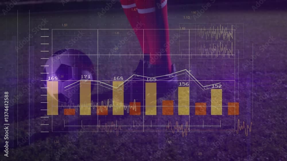 Poster soccer player with ball analyzing financial data graphs with animation overlay