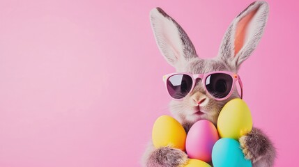 Fototapeta premium Cute Easter bunny in pink sunglasses holding colorful pastel eggs with a soft pink background. Great for Easter cards, spring ads, and festive digital content