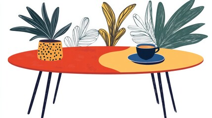 Vibrant Mid-Century Modern Coffee Table with Colorful Plants and Coffee Cup - Perfect for Stylish Interiors and Cozy Spaces