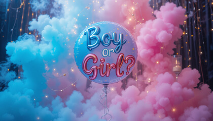 Stylish gender reveal party setup featuring a glossy &ldquo;Boy or Girl?&rdquo; balloon framed by pink and blue smoke, fairy lights, and elegant decorations, creating a magical celebration Generative AI