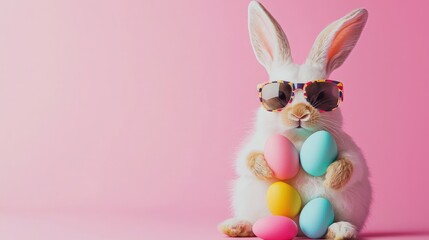 Cute Easter bunny wearing vibrant sunglasses and holding pastel-colored eggs on a soft pink background. Perfect for Easter cards, kids' content, and spring promotions