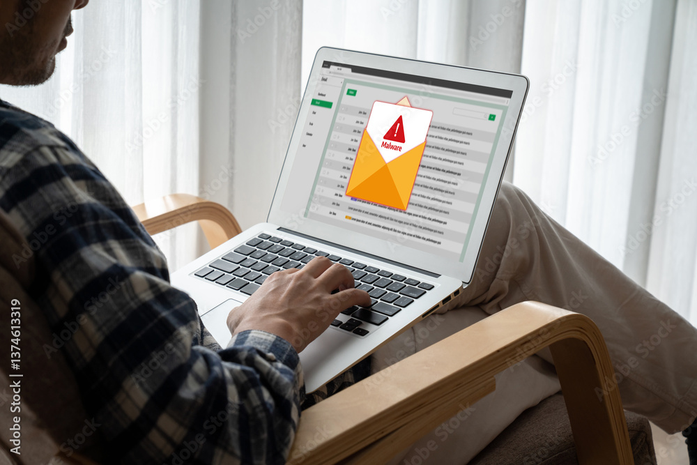 Poster cyber attacking concept. malware alert showing on computer screen display scam and threat detection 