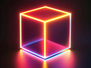 Neon glowing cube with multiple colored edges, 3D render
