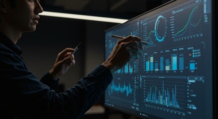 A man analyzing data on a large computer screen with various graphs and charts using a stylus pen