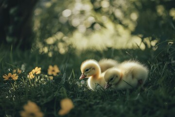 Closeup shot of a baby Canada goose on the grass