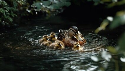 Quacking duck and goose family enjoying summer pond