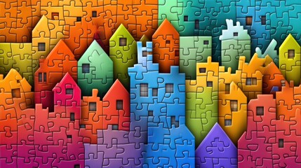 Vibrant Puzzle Pieces Forming Colorful Houses in a Playful Arrangement for Creative Projects, Illustrations, and Design Backgrounds in Various Themes