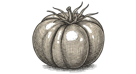 A plump heirloom tomato, perfectly ripe and ready for harvest, depicted in a detailed hand-drawn illustration with subtle shading and a textured effect.