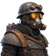 Fototapeta premium Steampunk soldier in tactical armor with helmet, gas mask, and glowing goggles in a futuristic post-apocalyptic style illustration