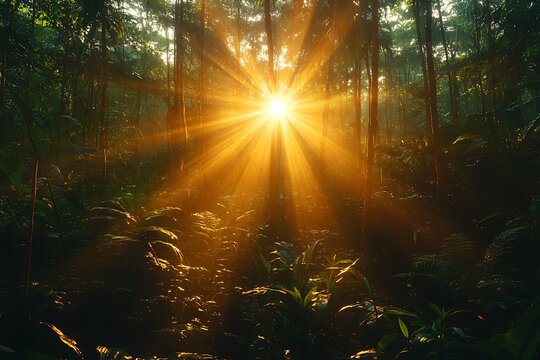 Sunrise rays in lush rainforest.