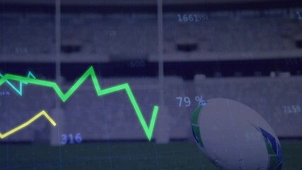 Rugby ball on field with animation of financial data graph and percentages - Powered by Adobe