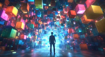 VR simulation man in a colorful artificial environment