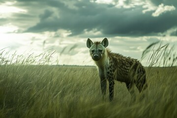 Hyena standing in the grassy plains of Serengeti National Park