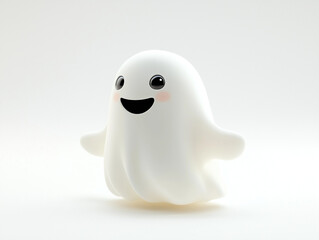 Happy white cartoon ghost isolated on white background, 3D render