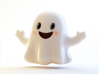 Obraz premium Happy white cartoon ghost isolated on white background, 3D render