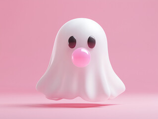 Ghost blowing pink bubblegum isolated on pink background, 3D render