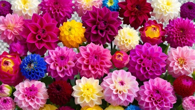 For design purposes, a set of actual, vibrant dwarf dahlia flower heads set apart on a clear backdrop
