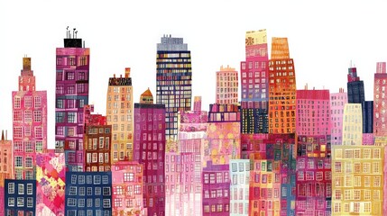 Vibrant Urban Skyline Illustration Featuring Colorful Buildings in Shades of Pink, Purple, and Orange, Capturing the Essence of City Life for Creative Projects