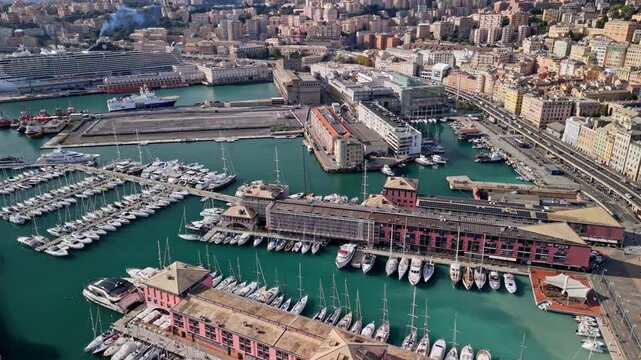 Aerial view of a port in Genoa, Italy shot with a drone