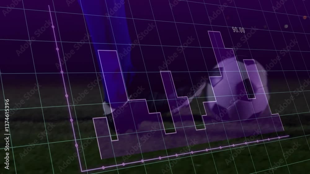Poster animation overlay with data graph on soccer player and ball on grid background