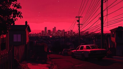 Vibrant urban sunset view over city skyline with dramatic red hues illuminating buildings, power lines, and quiet residential streets in an artistic landscape scene