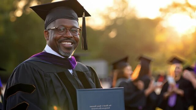 An elderly blackman proudly holds his diploma while wearing a graduation cap. He stands amidst fellow graduates in a warm-colored outdoor setting during a graduation ceremony.