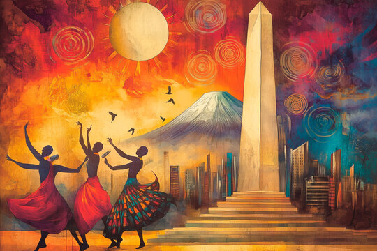 A vivid and celebratory Independence Day postcard of Tanzania, featuring the Askari Monument in Dar es Salaam. Maasai people dance joyfully, while Mount Kilimanjaro looms in the background. 