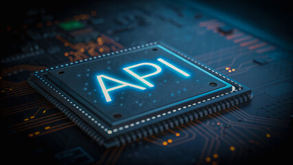 The glowing heart of digital connection, a powerful API chip pulsates with potential, bathed in cool blue light on a complex circuit board.