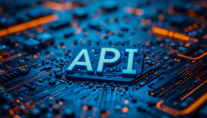 The glowing API heart of digital innovation pulses with vibrant blue energy, embedded within a complex circuit board.