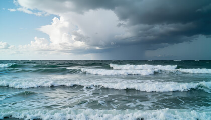 Dramatic ocean waves rolling under stormy sky  