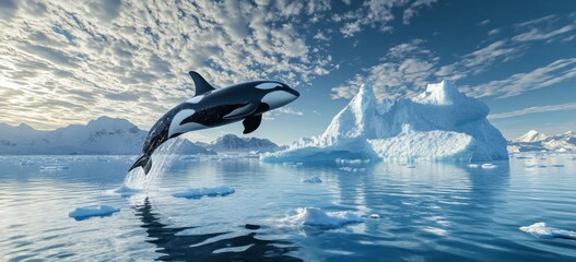 Fototapeta premium Orca whales leaping out in World Oceans Day environmental concept