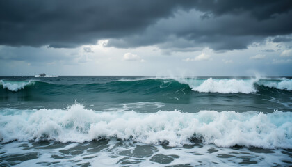 Fototapeta premium Stormy ocean waves crashing against a dark cloudy sky 