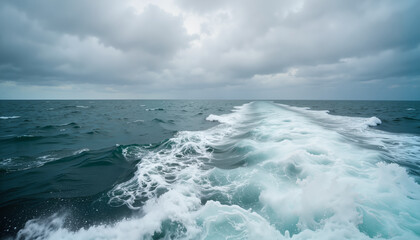 Fototapeta premium Turbulent ocean waves create foam trails against cloudy skies 
