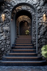 Stone Archway Staircase Interior.