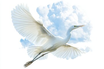 Free photo of a heron, bittern, or egret flying in the sky, white bird in motion