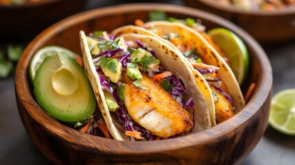 Culinary Delight: Tacos in a rustic wooden bowl, filled with fresh ingredients, a vibrant culinary creation. Capturing the appetizing appeal of tacos. 