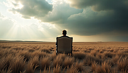 Person sitting on a chair in a vast field under dramatic clouds and sunlight rays 