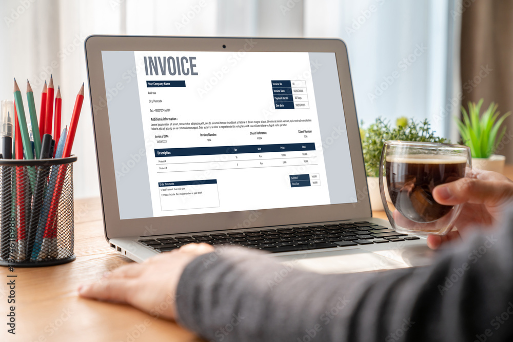 Poster invoice on computer screen from accounting application. computer program for financial and budget of