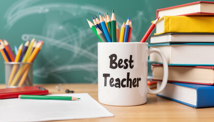 Obraz premium Best Teacher mug filled with pencils on a classroom desk 
