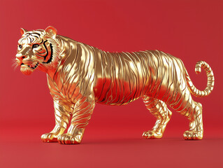 Shiny gold tiger standing in profile, isolated on a red background, 3D render