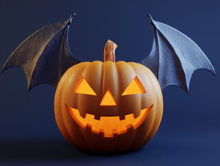 Naklejka premium Carved pumpkin with black bat wings spread wide, 3D render
