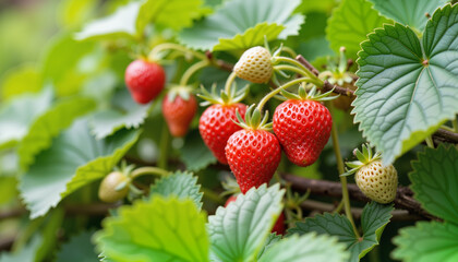 Fresh strawberries growing among lush green leaves  