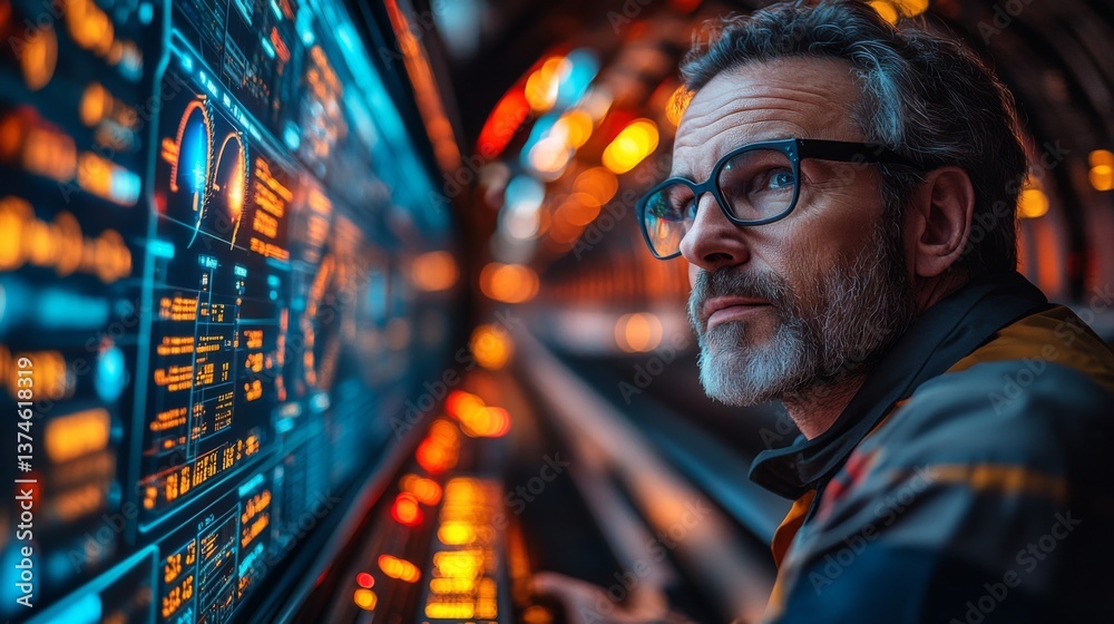 Poster A logistics professional analyzes data on automated monitoring systems in a transport hub, ensuring safety and operational efficiency during inspections and surveillance activities.