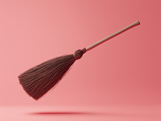 Brown straw broom placed on a pink background, 3D render