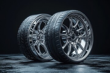Two chrome rims shine against a dark background. The intricate detail of the rims is striking, showcasing their luxurious design.