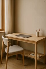 Fototapeta premium Calm Minimalist Wooden Desk Setup by Window Natural Light