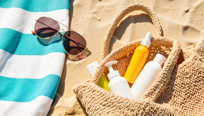Beach essentials sunbathing with sunglasses and skincare products  