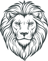 Lion head illustration in black outline design on white background, vector art. Vector illustration